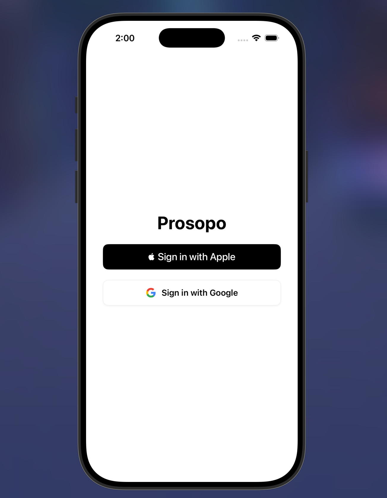 Prosopo authentication screen showing Sign in with Apple above Sign in with Google